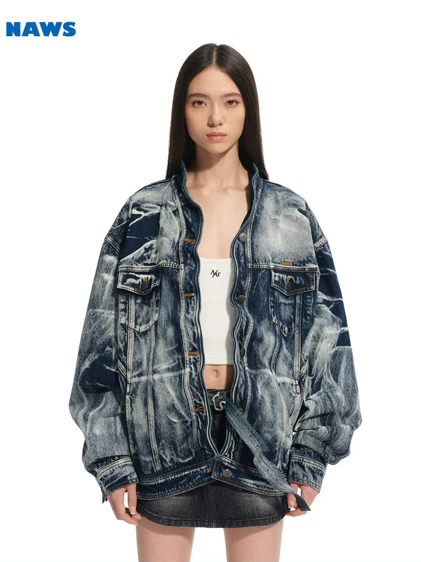 NAWS VOLCANO washed denim stand-collar jacket — cleaned hero collage showing the complete design