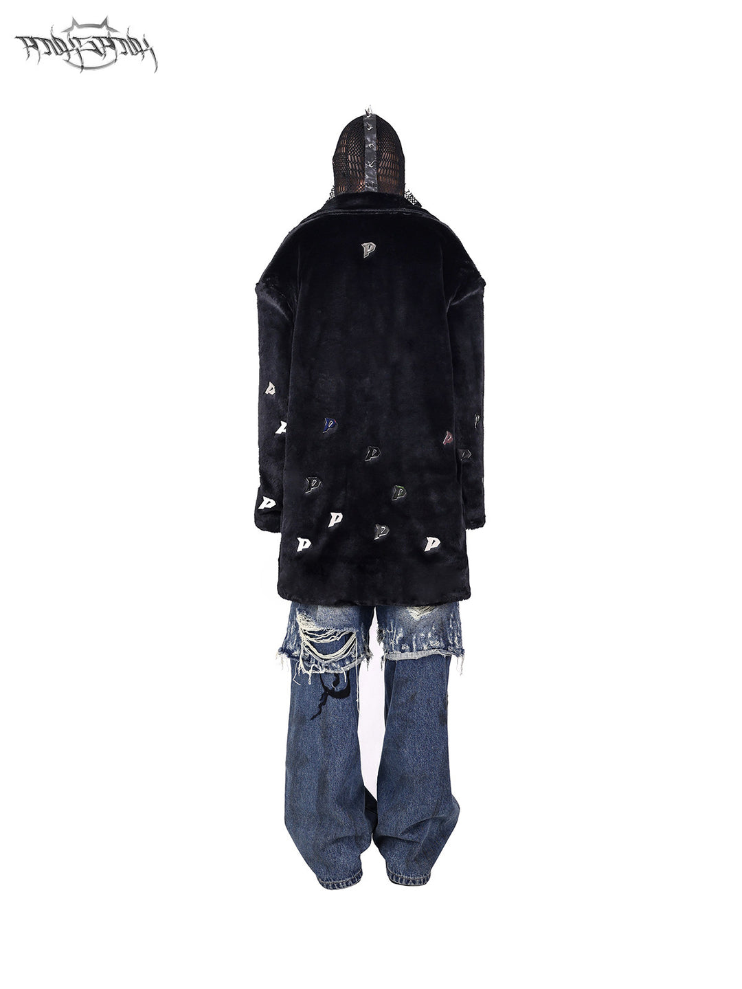 PINKSPINK ELECTRIC MOON spiked open-mesh zip hoodie in black — rear styling view under a separate faux-fur jacket