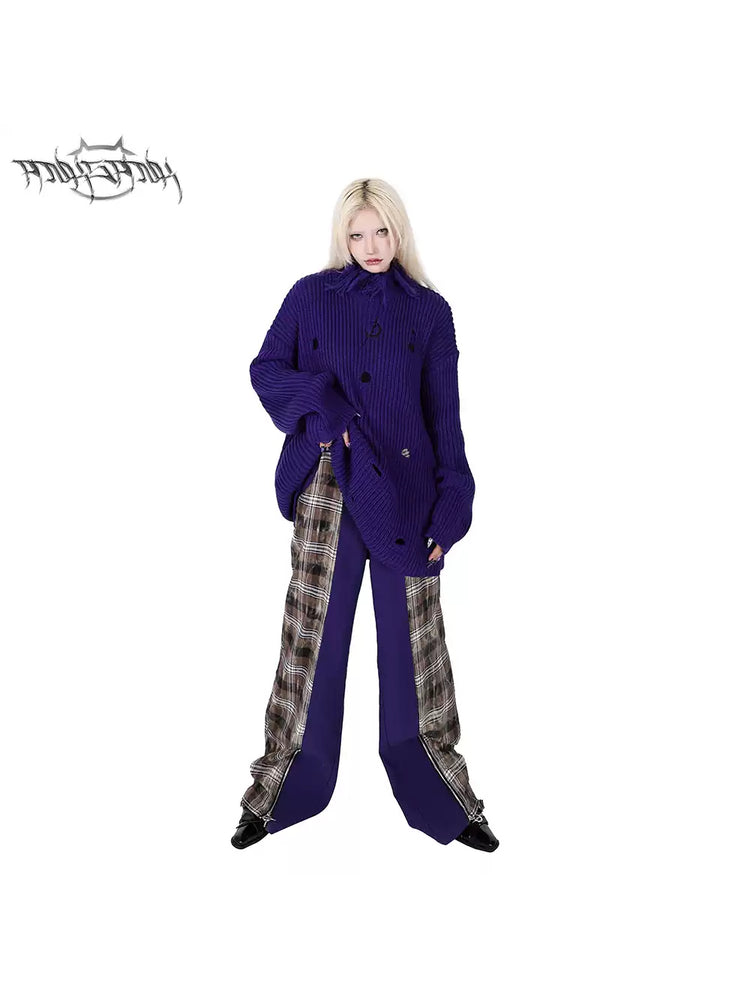 PINKSPINK DNA purple plaid split-panel wide-leg pants — front full-length modeled view styled with a purple knit cardigan