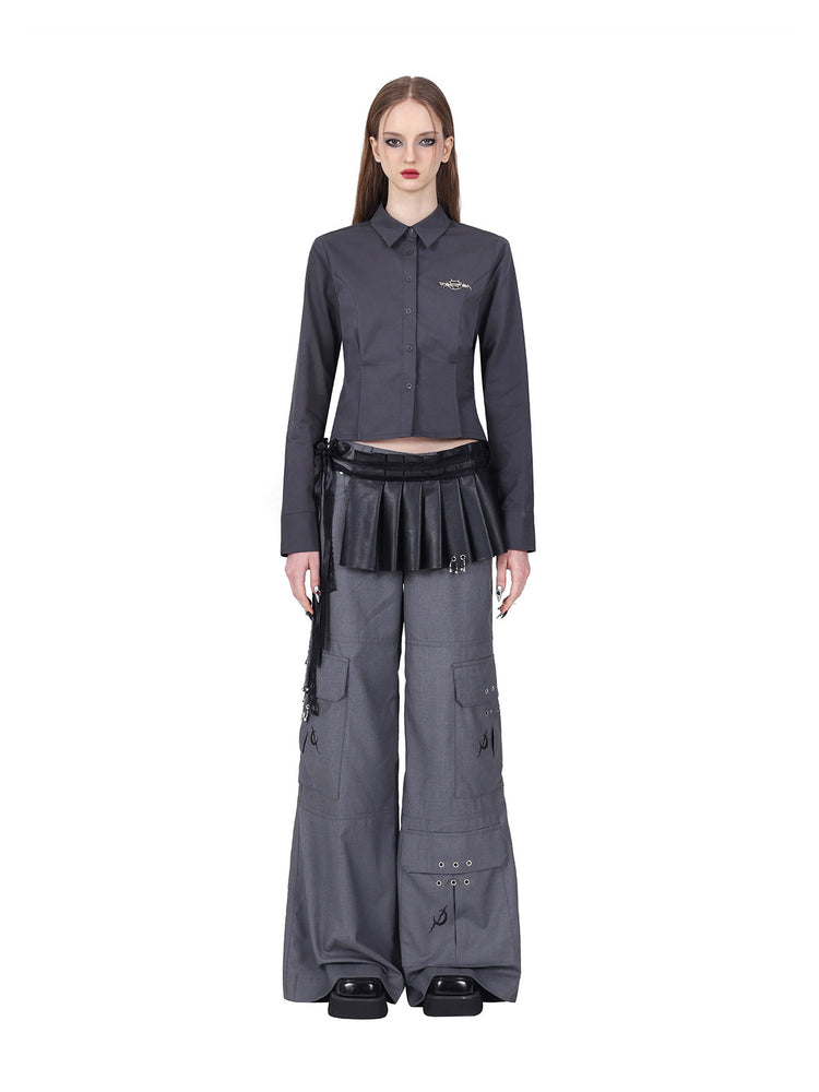 PINKSPINK ELECTRIC MOON sculpted cropped cotton shirt in gray — full-length front modeled view with a separate black pleated waist layer