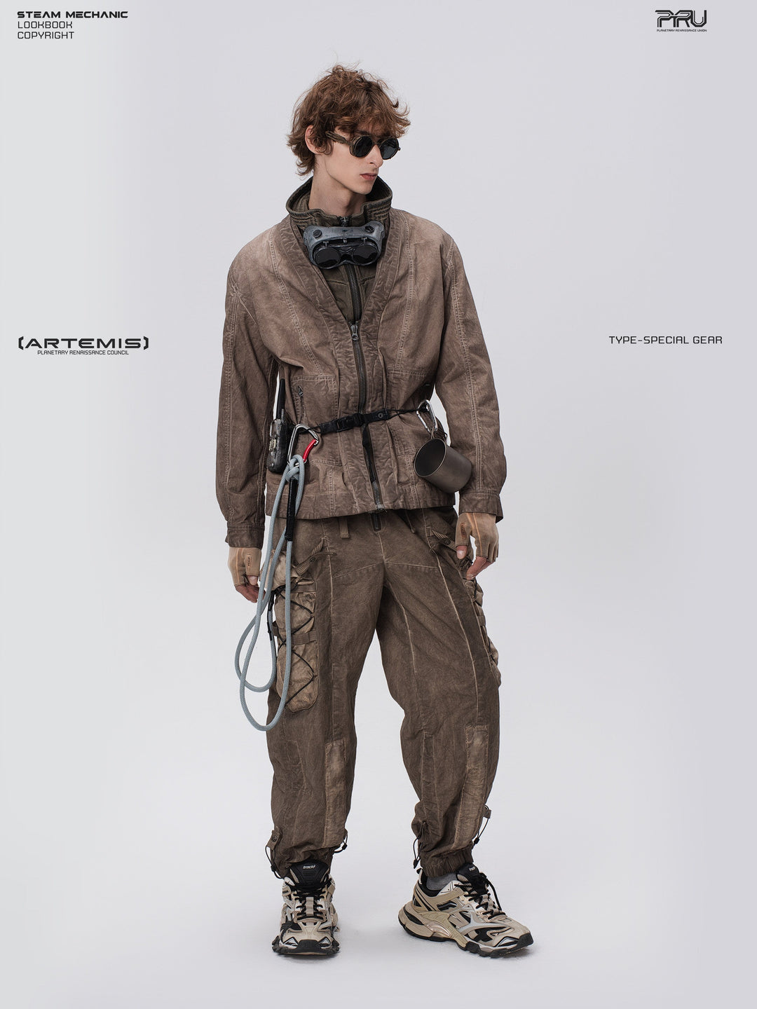 PIONEER gravel brown detachable-waist-bag work pants — material and silhouette detail