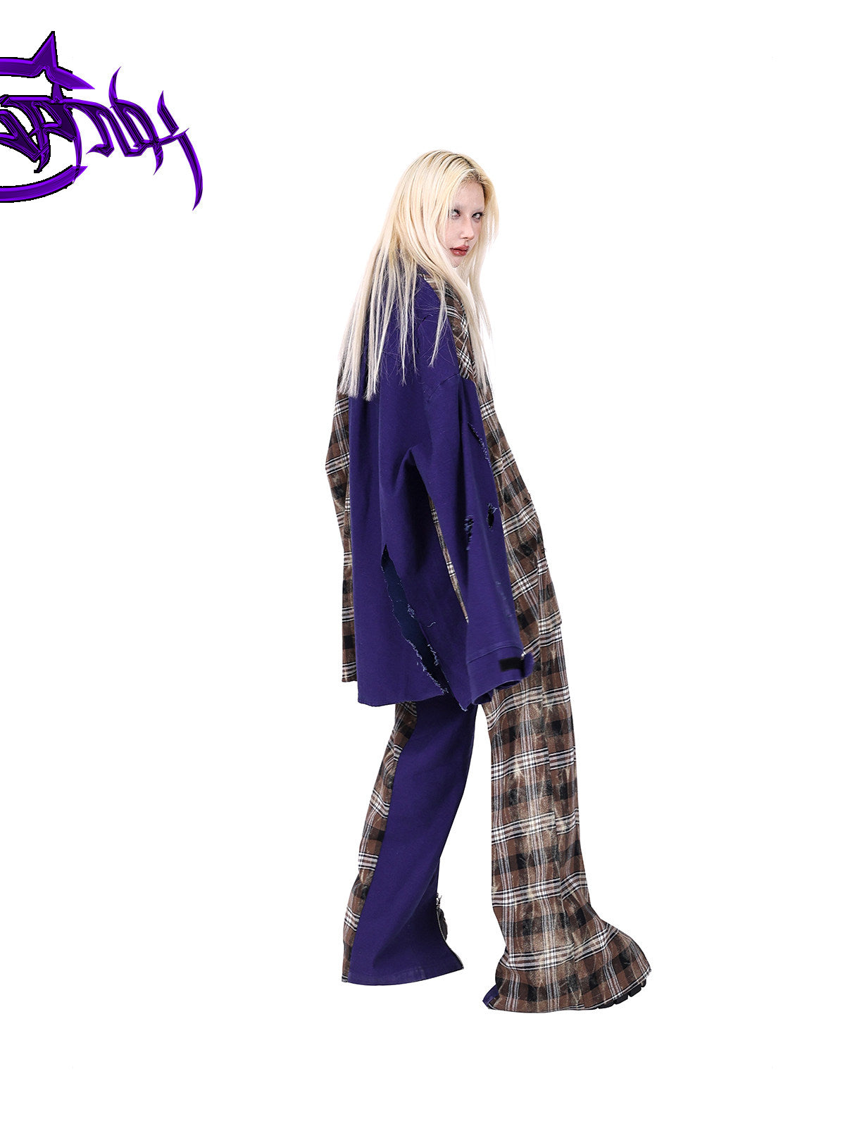 PINKSPINK DNA purple plaid split-panel wide-leg pants — side and back modeled view showing the wide-leg shape
