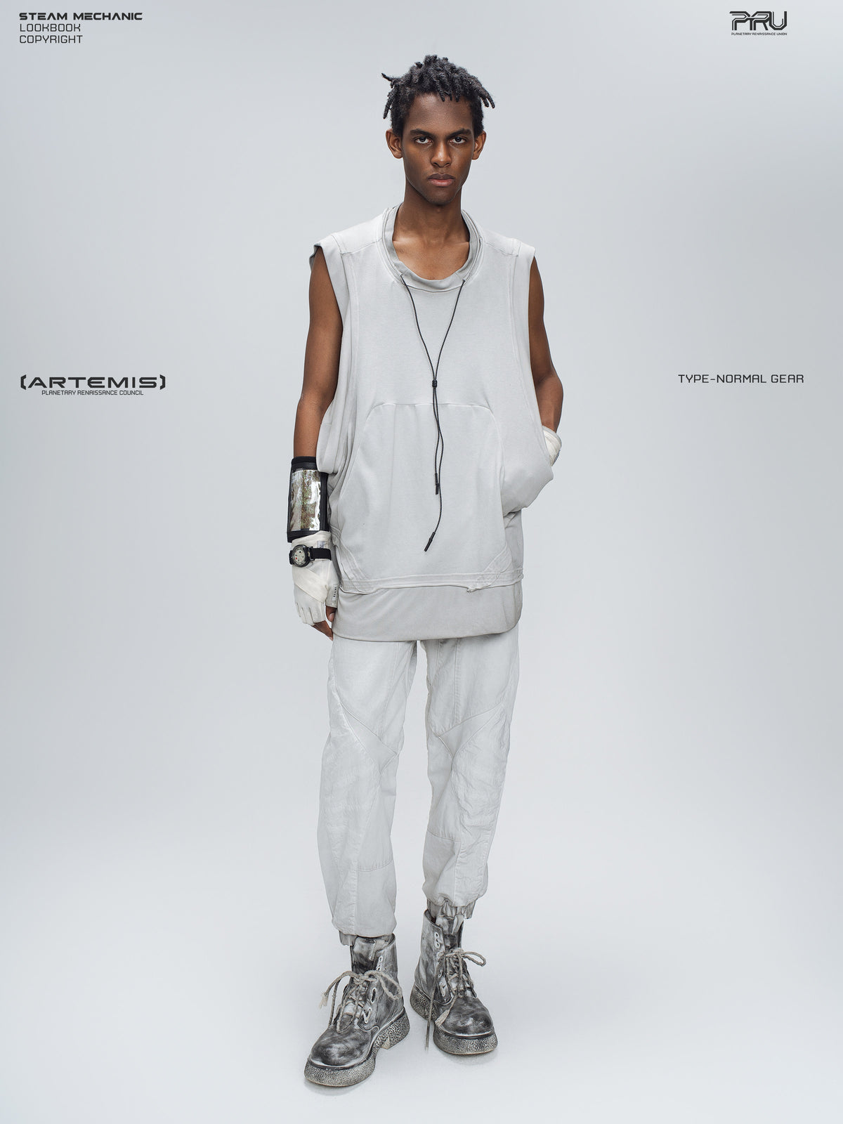 AEGIS eris white cropped moto riding pants — full-length front modeled view styled with a sleeveless top