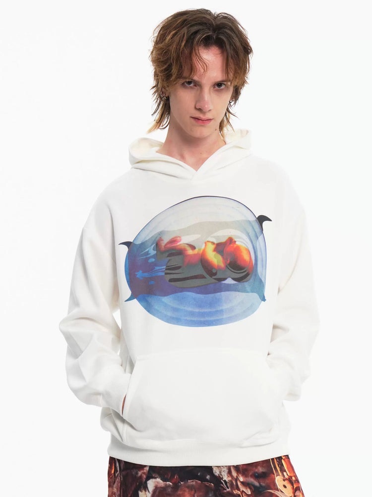 EMBRYO PLAN white graphic hoodie — front product presentation