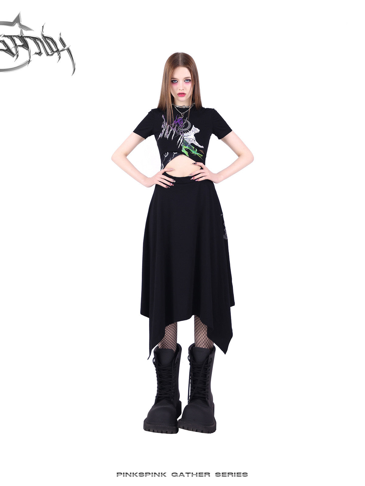 PINKSPINK ELECTRIC MOON reconstructed cutout dress — modeled front styling view