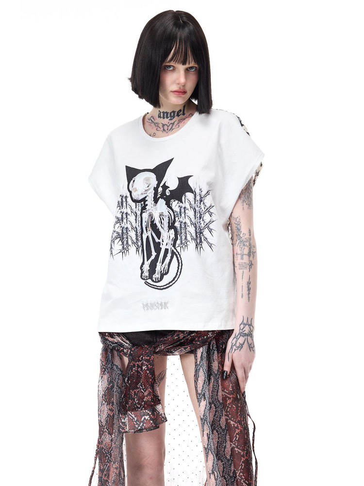 PINKSPINK DEVILCAT leopard-back graphic tee in white — close front modeled view with hands behind the back