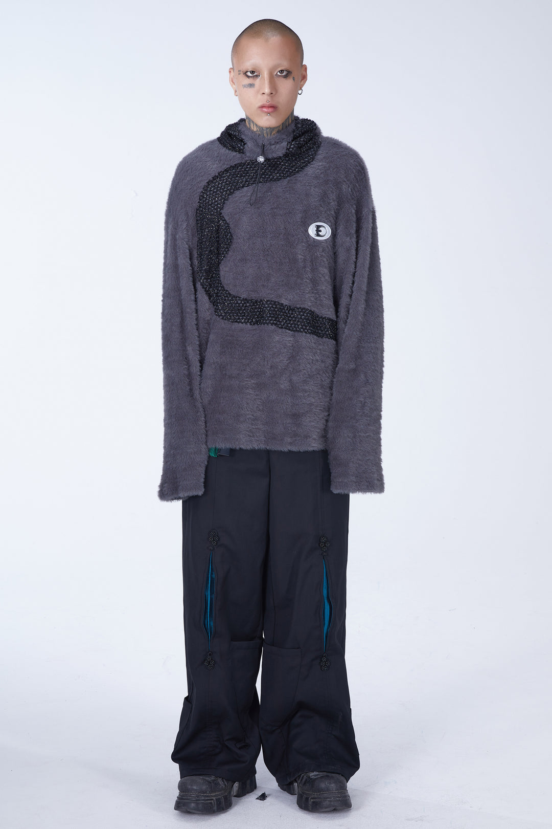 EMBRYO FUR COLLAR oversized plush sweatshirt — full-length modeled view