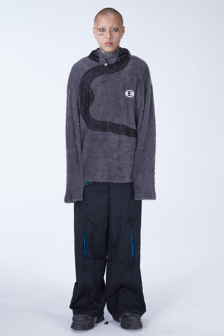 EMBRYO FUR COLLAR oversized plush sweatshirt — full-length modeled view