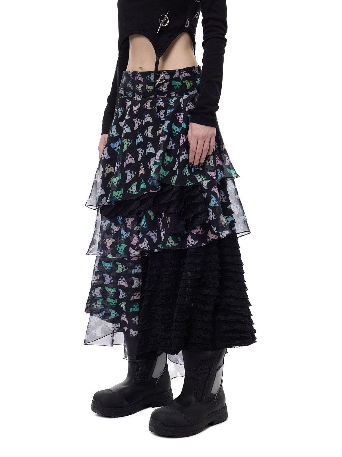 PINKSPINK CAT ALIEN asymmetric mesh maxi skirt — angled close-up showing transparent mesh layers