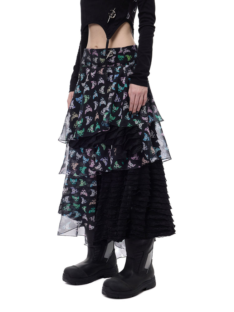 PINKSPINK CAT ALIEN asymmetric mesh maxi skirt — angled close-up showing transparent mesh layers