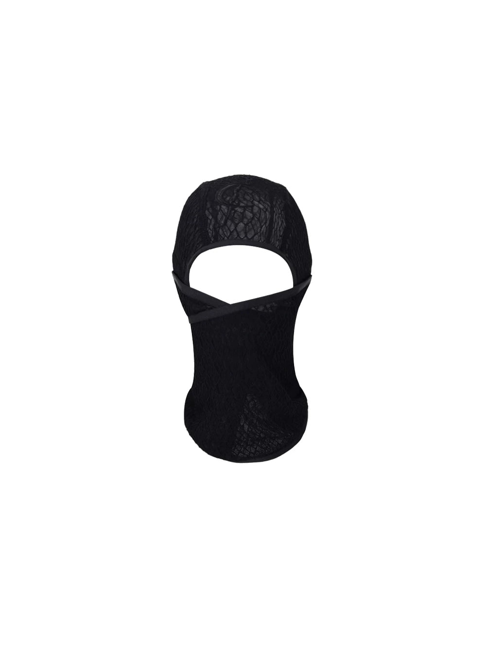 PINKSPINK ELECTRIC MOON mesh balaclava — black open-knit mesh balaclava with eye opening, front product-only view