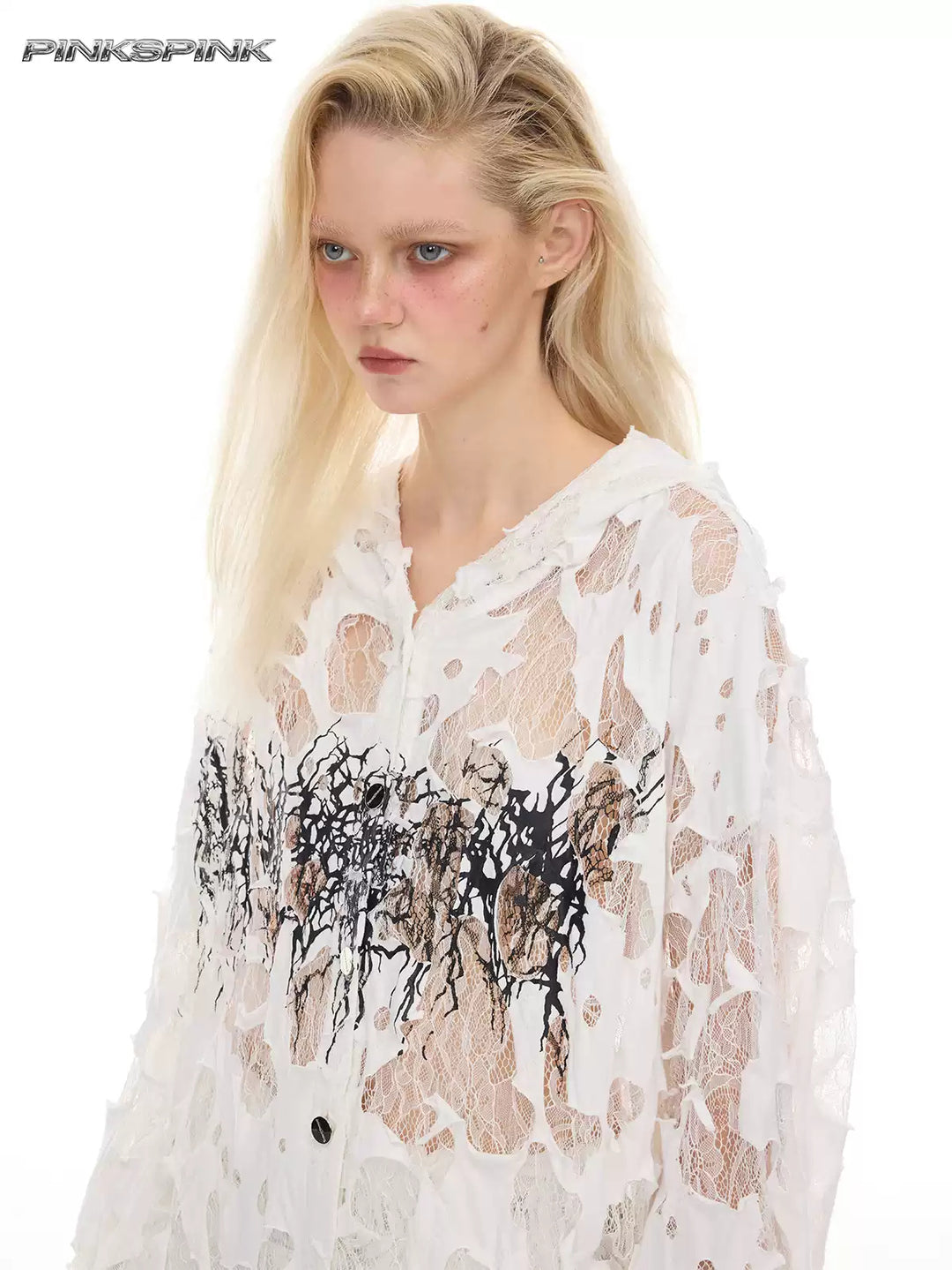 PINKSPINK THORN BURNOUT lace hooded shirt — alternate modeled view showing the silhouette