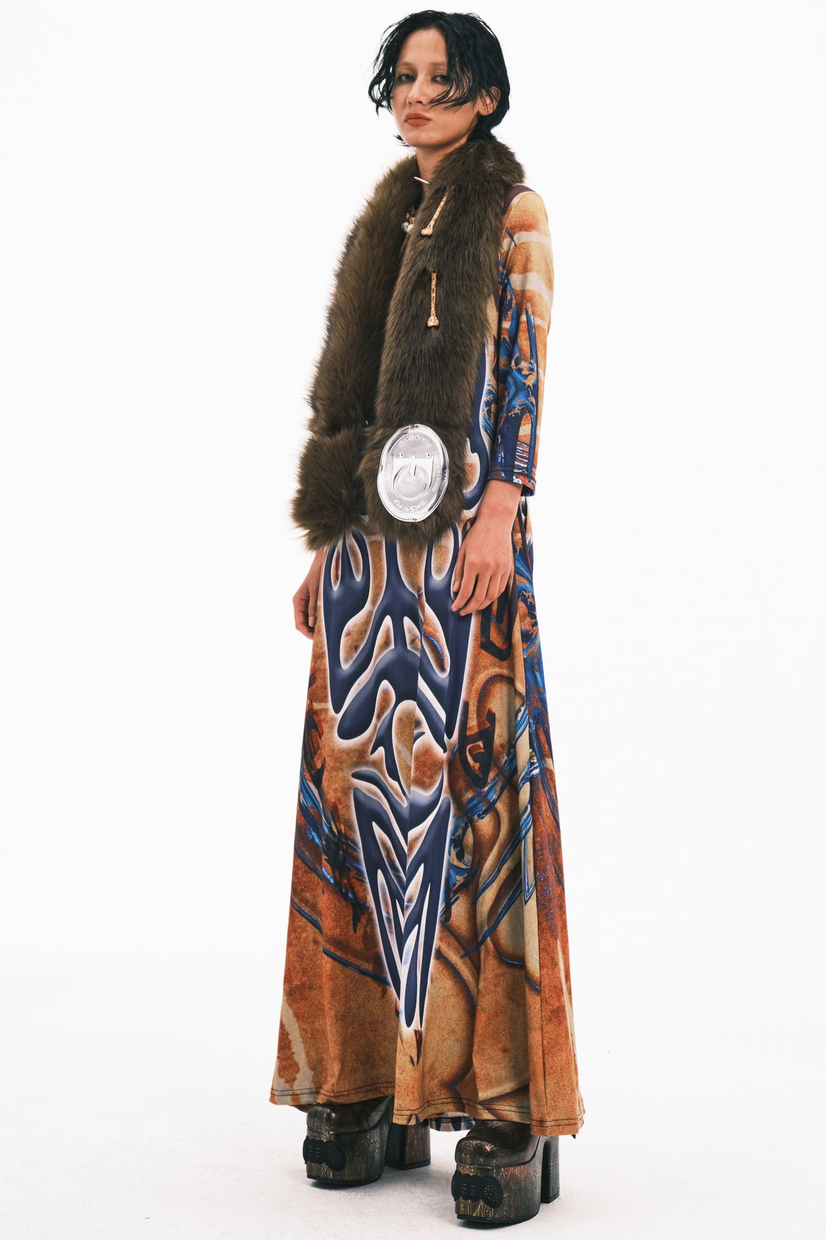 EMBRYO PRIMAL FUR convertible wrap & bag — full-length modeled view