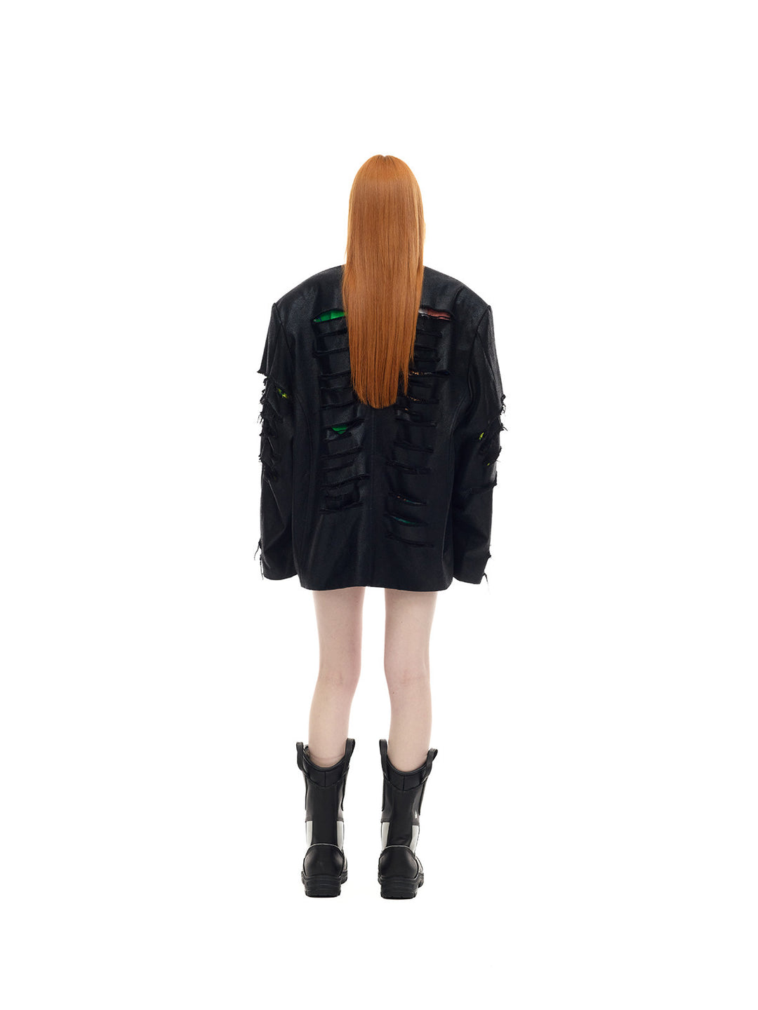 PINKSPINK BREACH distressed coated oversized blazer in black — full-length rear modeled view with the hair covering part of the back