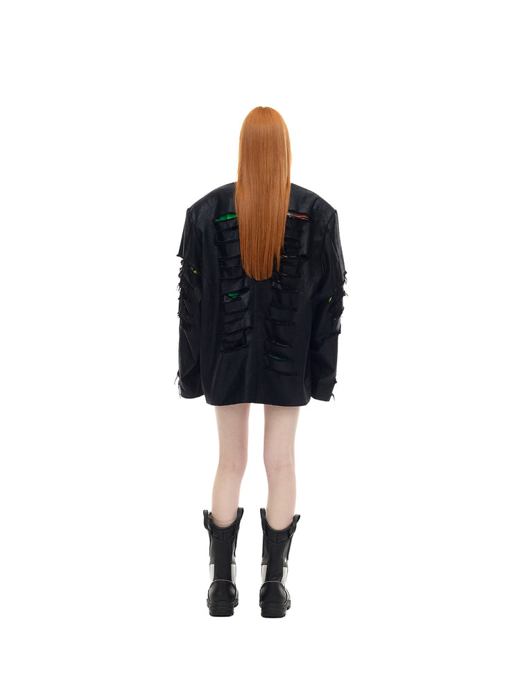 PINKSPINK BREACH distressed coated oversized blazer in black — full-length rear modeled view with the hair covering part of the back