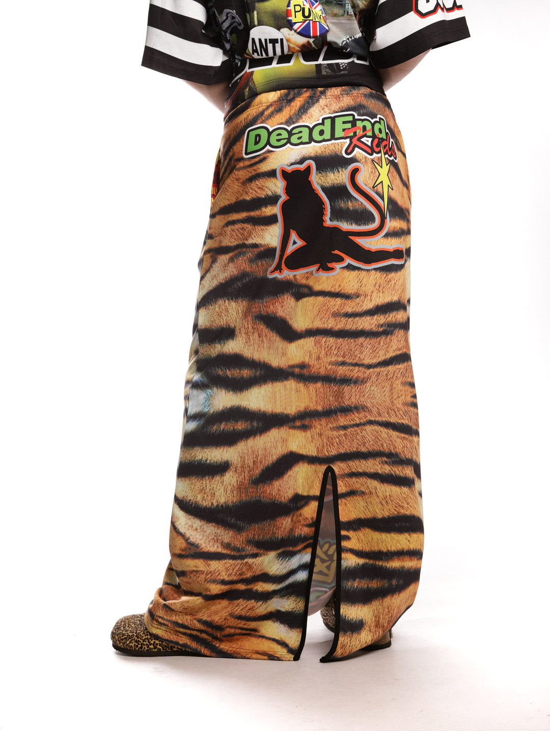 DEADENDKIDS TIGER RIOT graphic maxi skirt — full-length modeled view