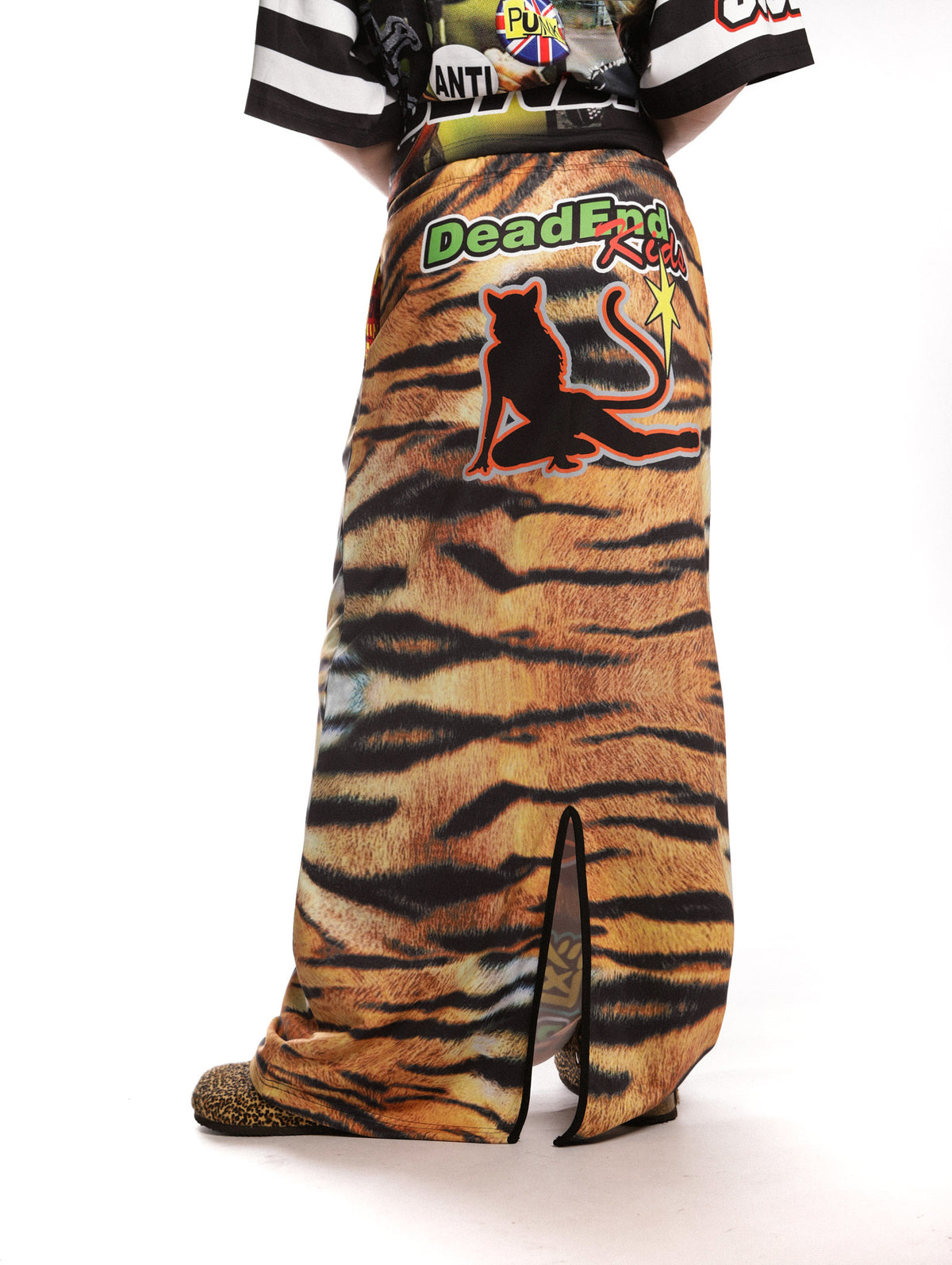 DEADENDKIDS TIGER RIOT graphic maxi skirt — full-length modeled view