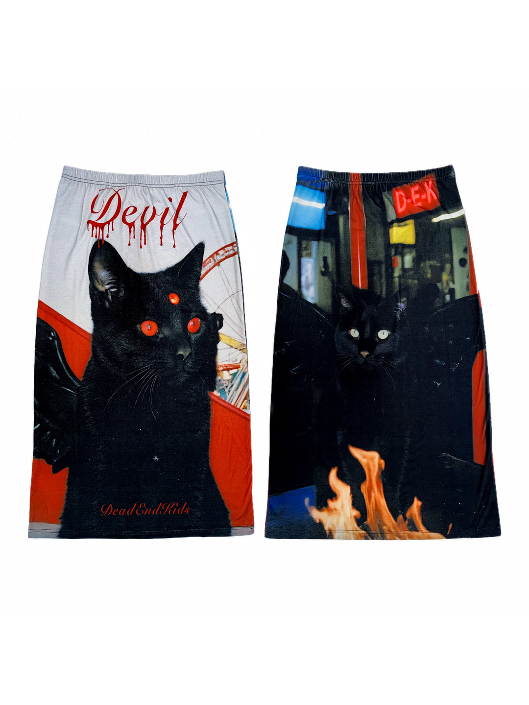 DEADENDKIDS REVERSIBLE ARCHIVE graphic maxi skirt — close modeled view