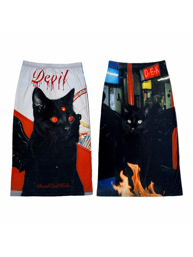DEADENDKIDS REVERSIBLE ARCHIVE graphic maxi skirt — close modeled view