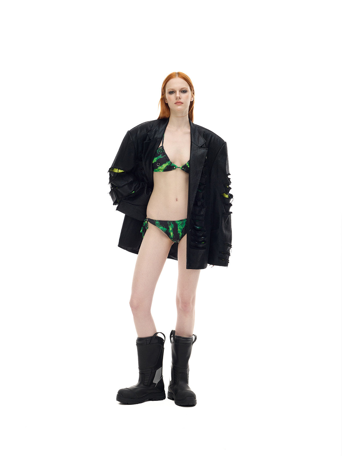 PINKSPINK BREACH distressed coated oversized blazer in black — full-length open-front modeled view showing the oversized fit