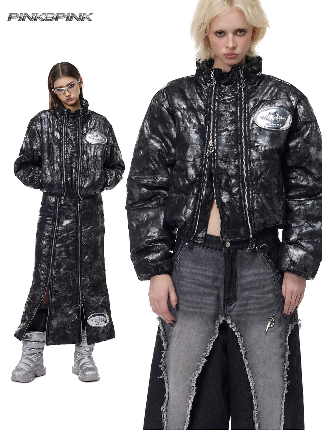 PINKSPINK ELECTRIC MOON metallic cropped puffer jacket — black silver modeled collage showing cropped padded shape