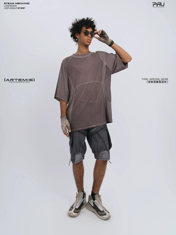 STARFIELD WELDER dust mist purple distressed mesh tee — alternate modeled angle