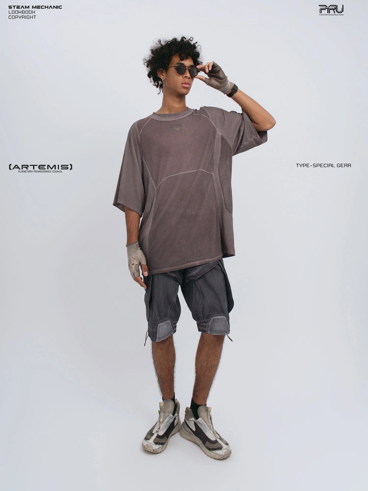 STARFIELD WELDER dust mist purple distressed mesh tee — full-length front view adjusting sunglasses