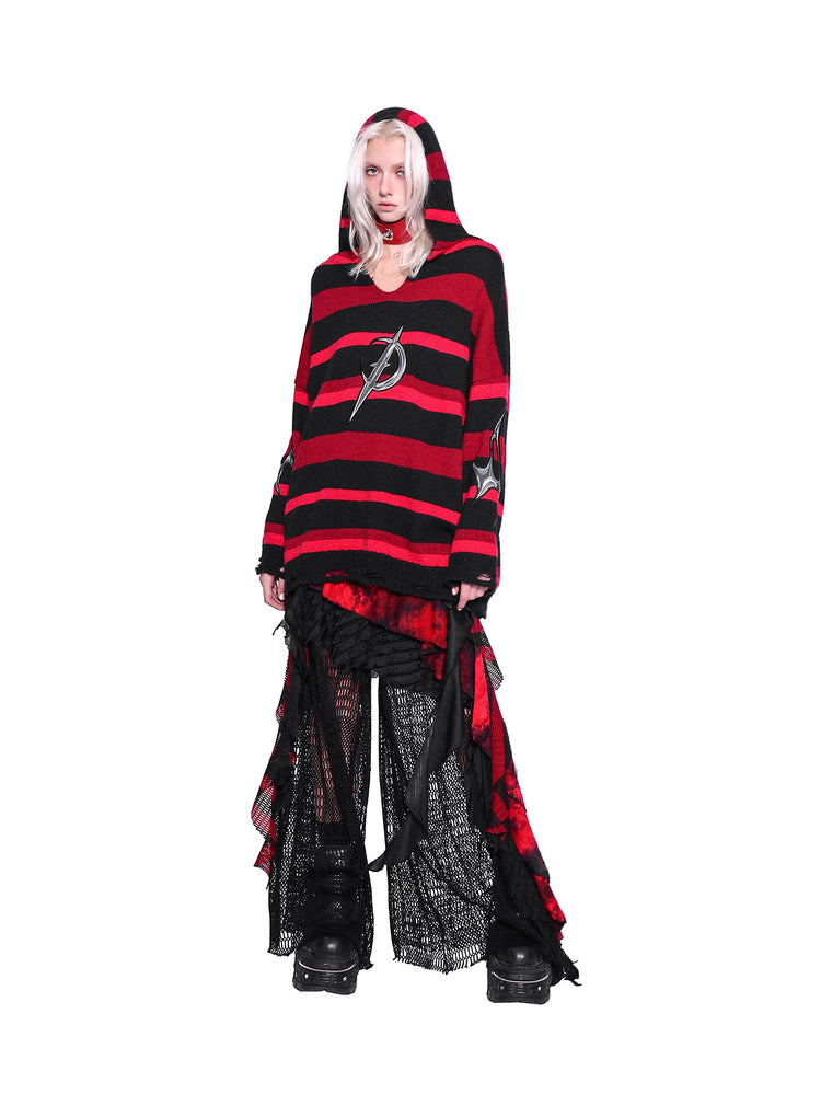PINKSPINK ELECTRIC MOON striped hooded sweater in BLACK AND RED — full-body front view with loose sleeve drape.