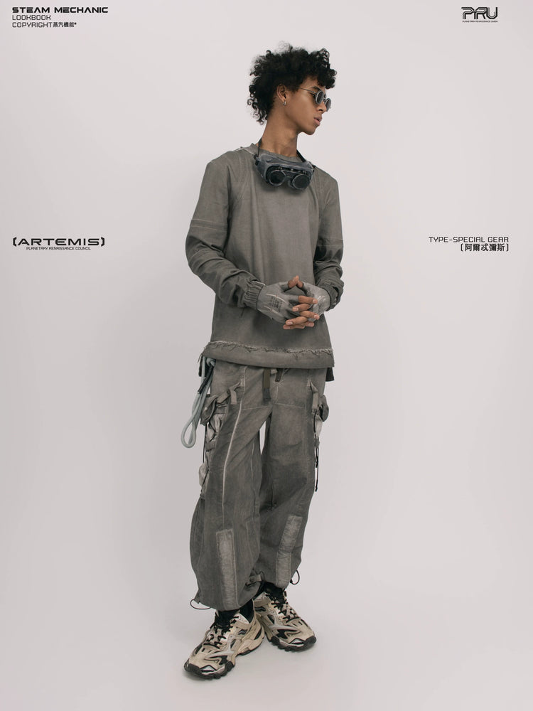CHAOS ERA moon dust gray raw-edge long-sleeve top — alternate modeled angle
