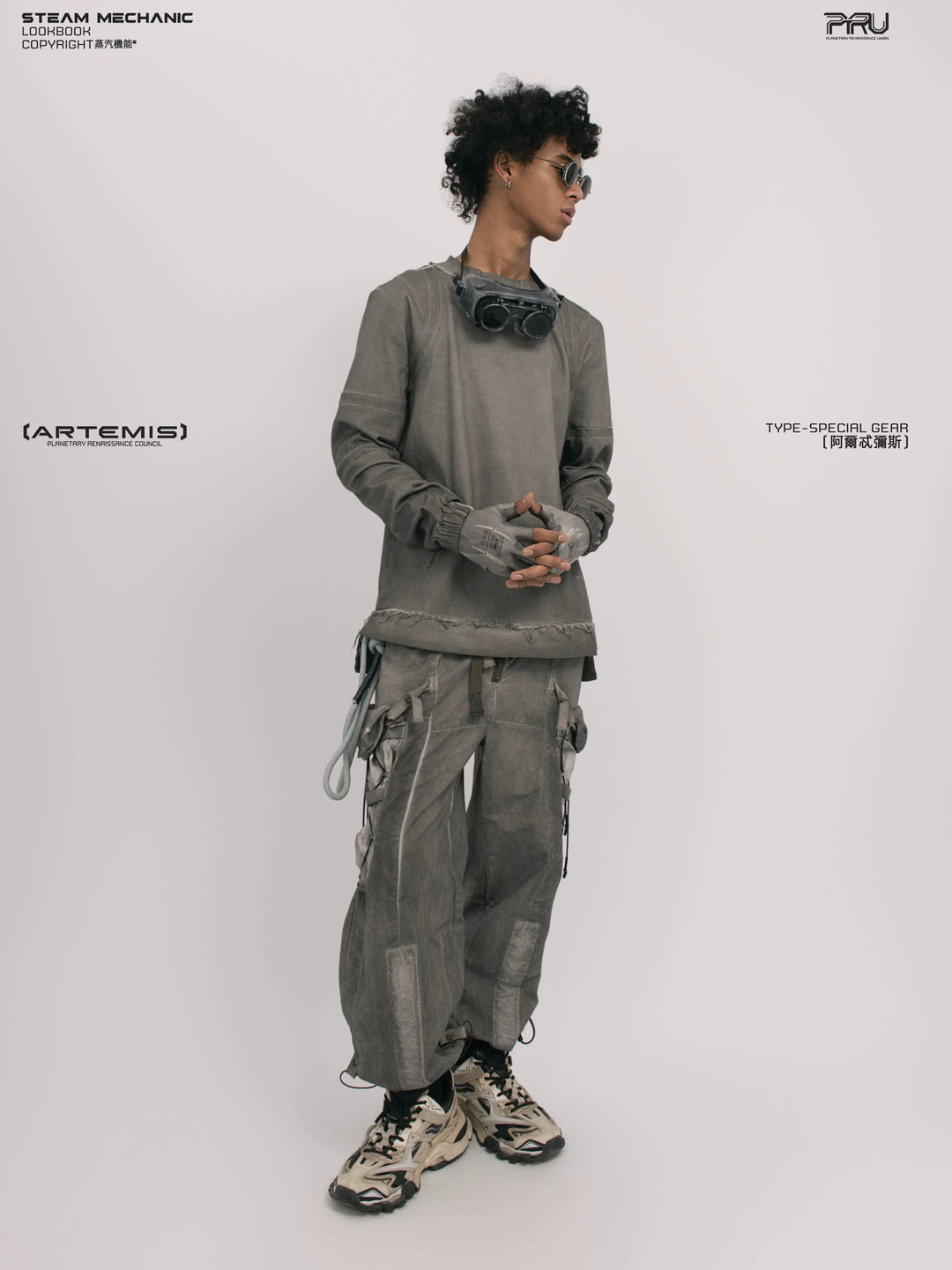 CHAOS ERA moon dust gray raw-edge long-sleeve top — alternate modeled angle