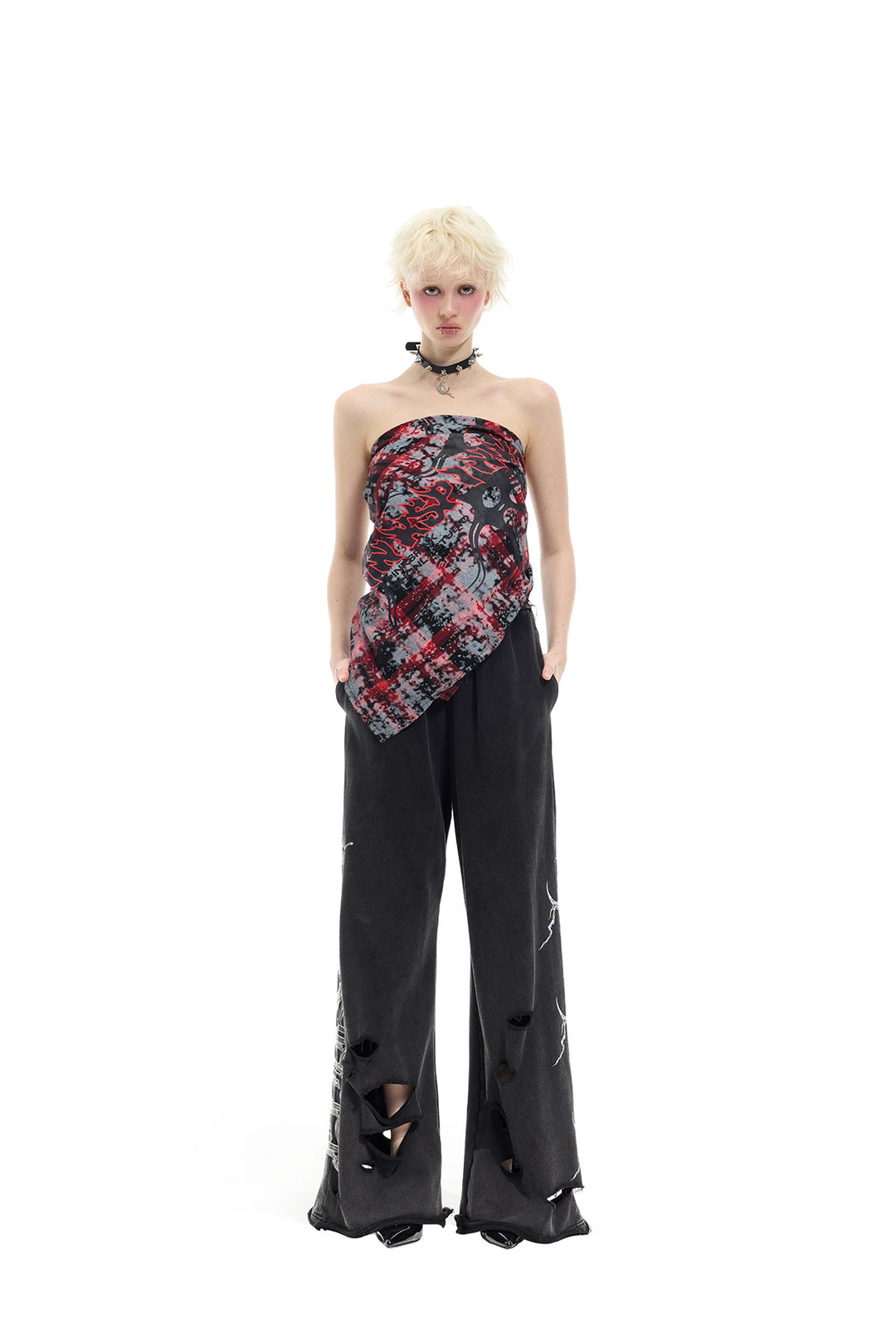 PINKSPINK REMAKE red-plaid bandana top / headscarf — product detail view showing texture and hardware