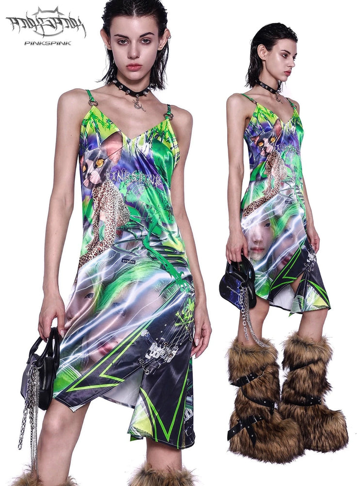 PINKSPINK SPHYNX fluorescent portrait asymmetric dress — front and angled views of the fluorescent green portrait dress