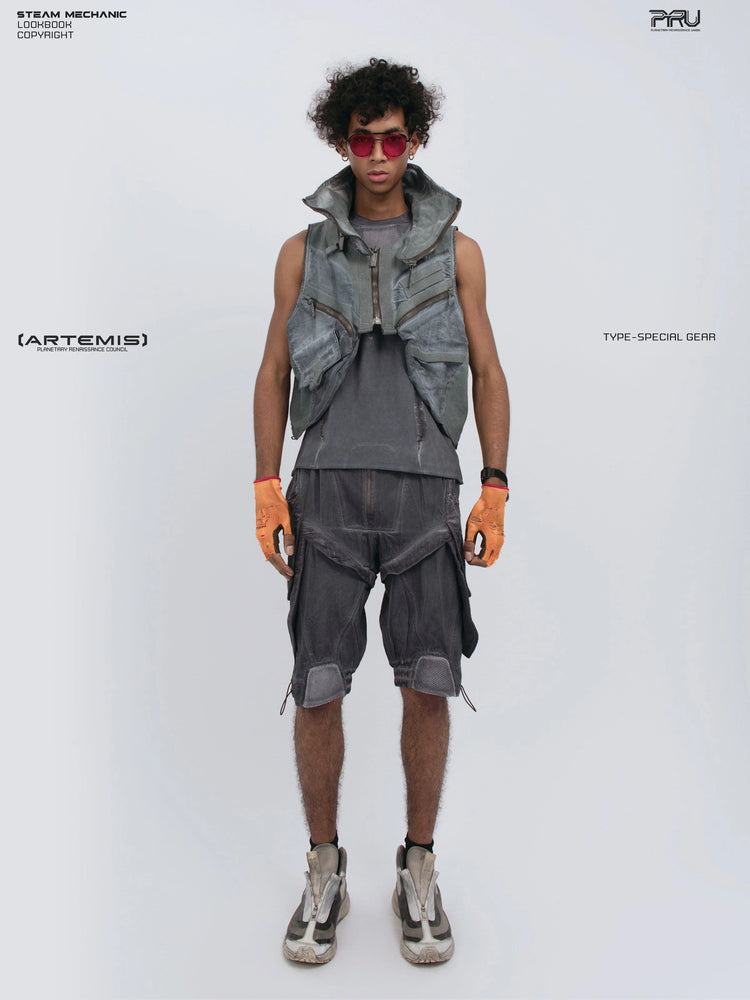 AEGIS stellar blue distressed mesh tank top — full-length styled front view with a utility vest layered over the tank