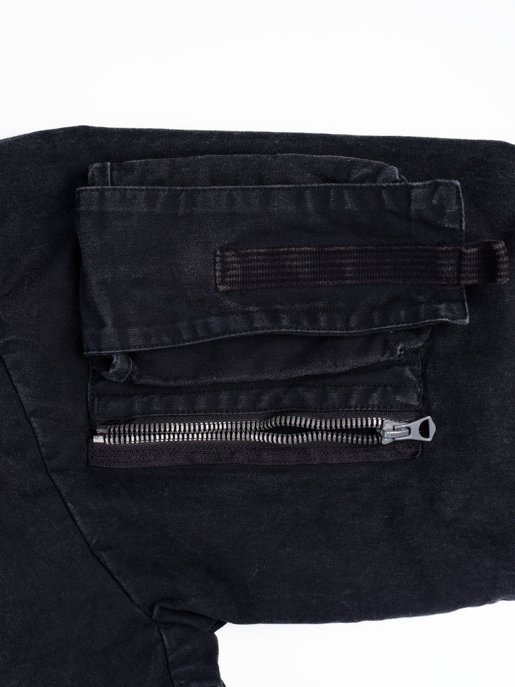 GAIA night black priest zip robe jacket — sleeve utility pocket with flap, webbing and zip compartment close-up