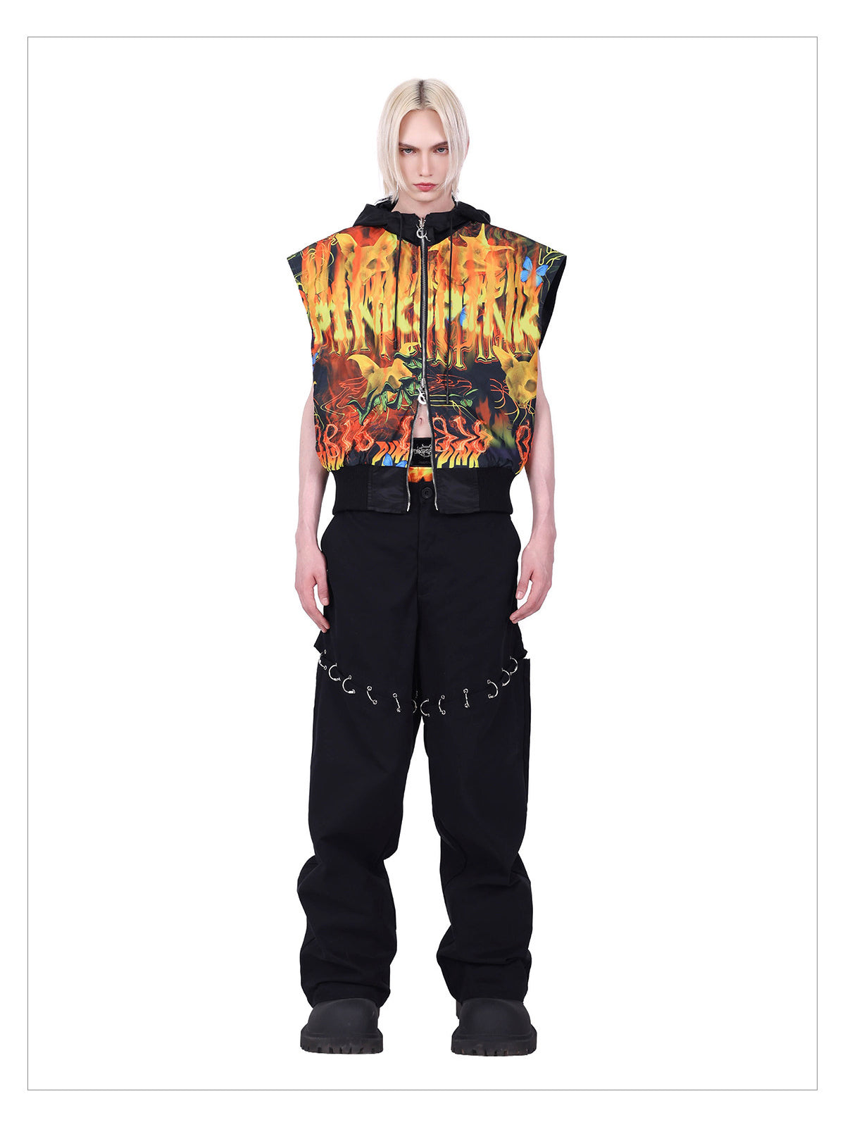 PINKSPINK FIRE CAT reversible mohawk hooded vest — catalog view showing the design and silhouette