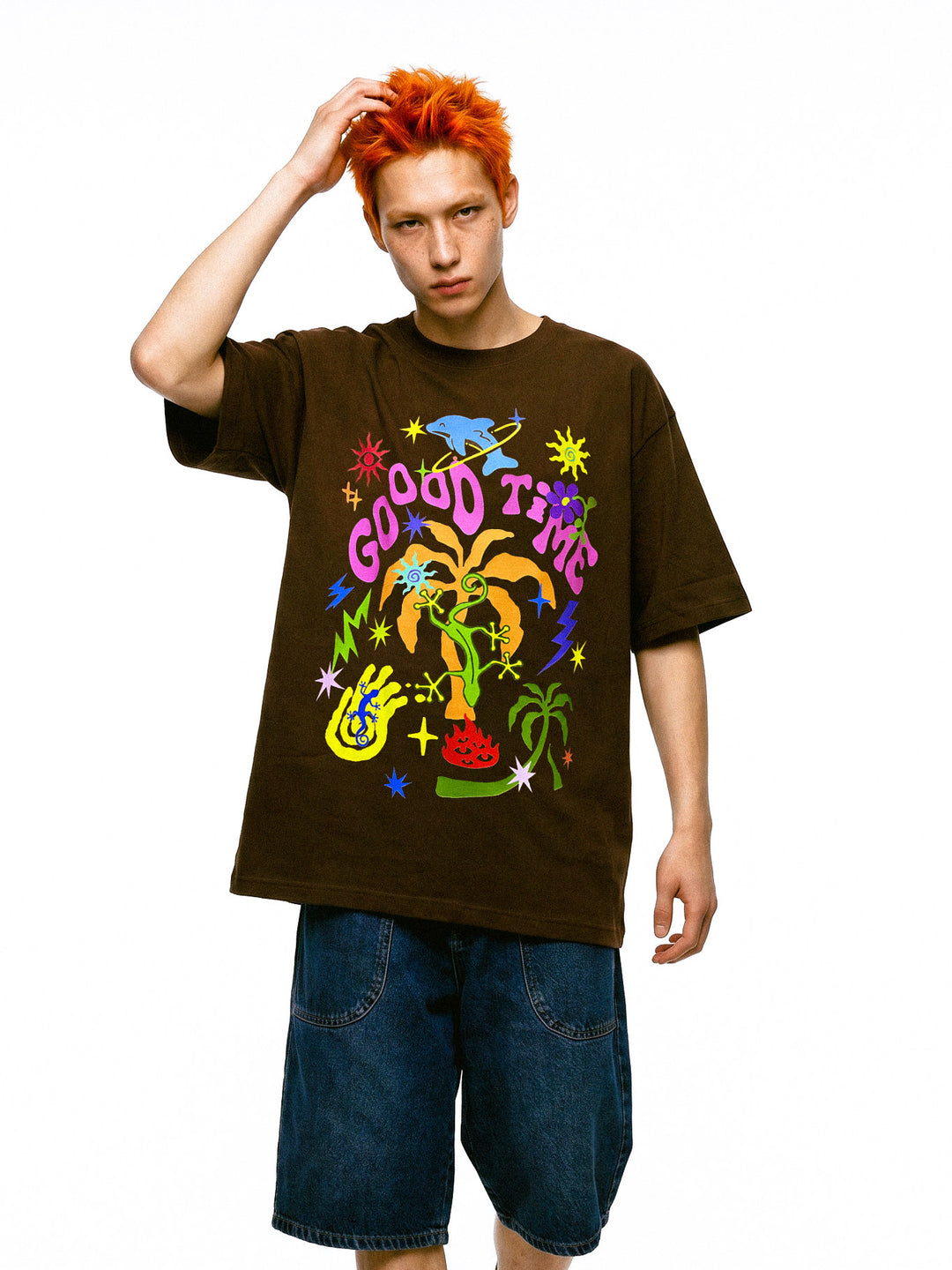 DEADENDKIDS GOOD TIMES oversized graphic tee — rear modeled view
