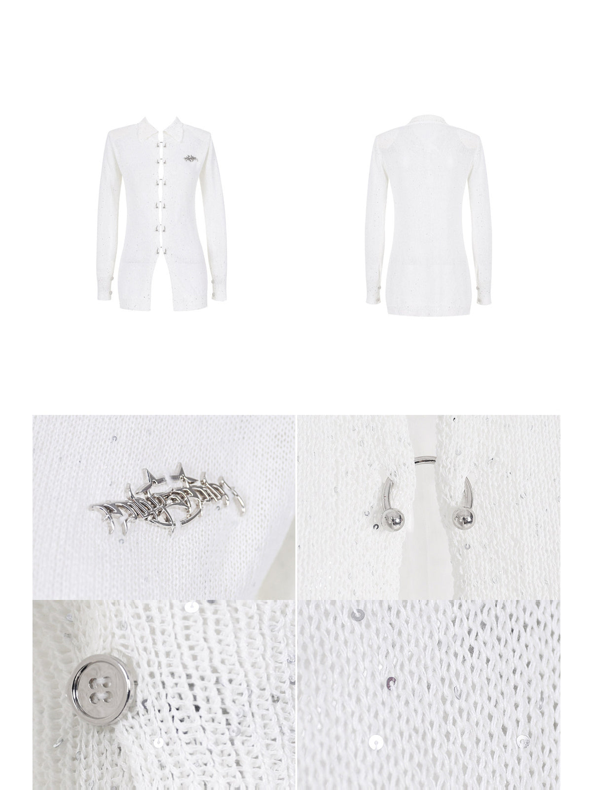 PINKSPINK ELECTRIC MOON ring-fastened sequin knit shirt in white — front and back garment views with close-ups of the metal logo, rings, buttons and sequin knit