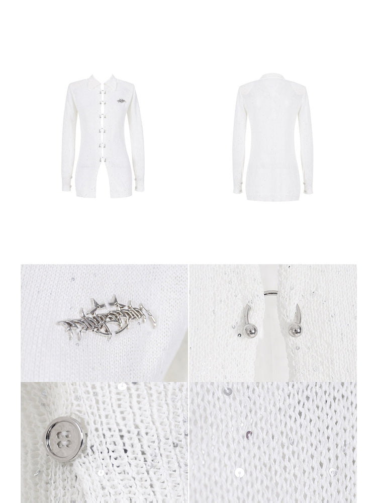 PINKSPINK ELECTRIC MOON ring-fastened sequin knit shirt in white — front and back garment views with close-ups of the metal logo, rings, buttons and sequin knit