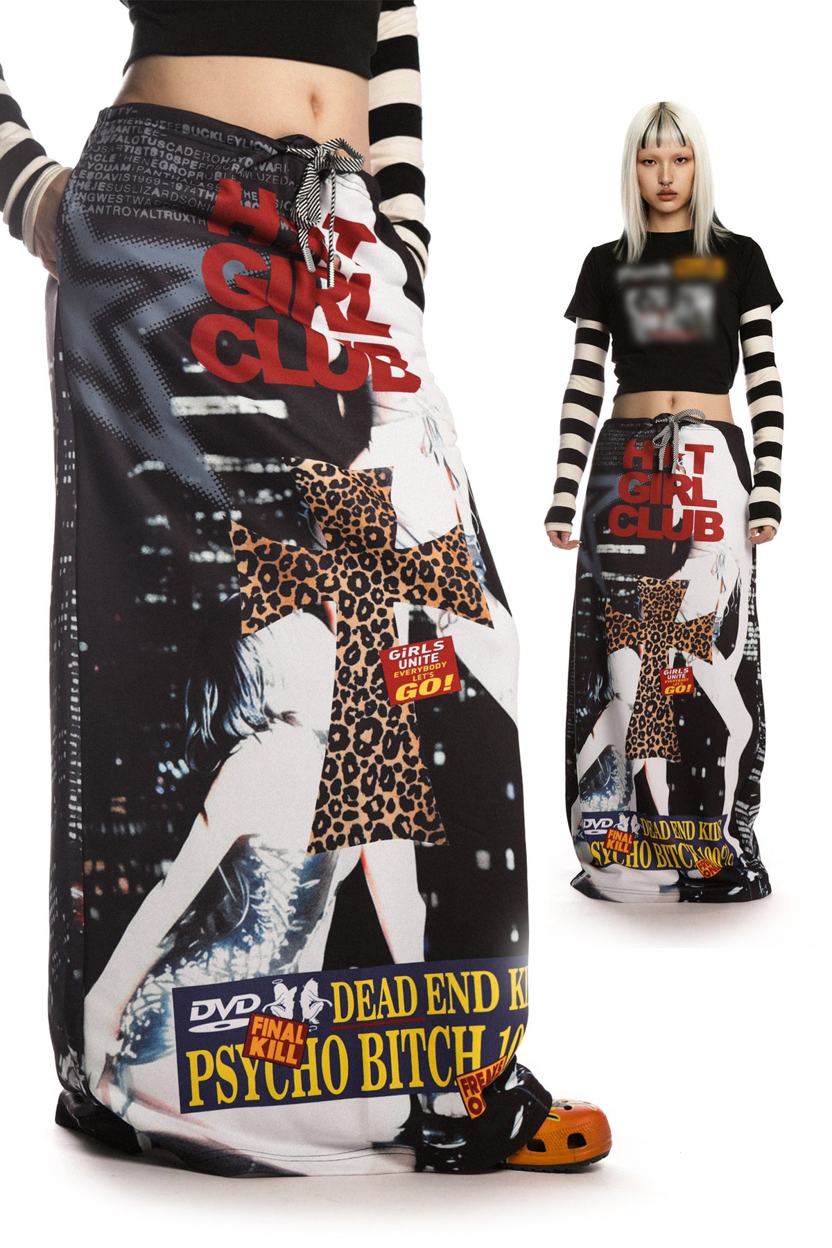 DEADENDKIDS HOT GIRL CLUB graphic maxi skirt — full-length modeled view