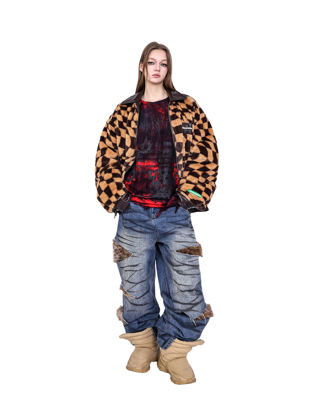 PINKSPINK WARPED checkerboard padded faux-fur jacket — caramel brown checkerboard jacket — full-length front view with open zipper
