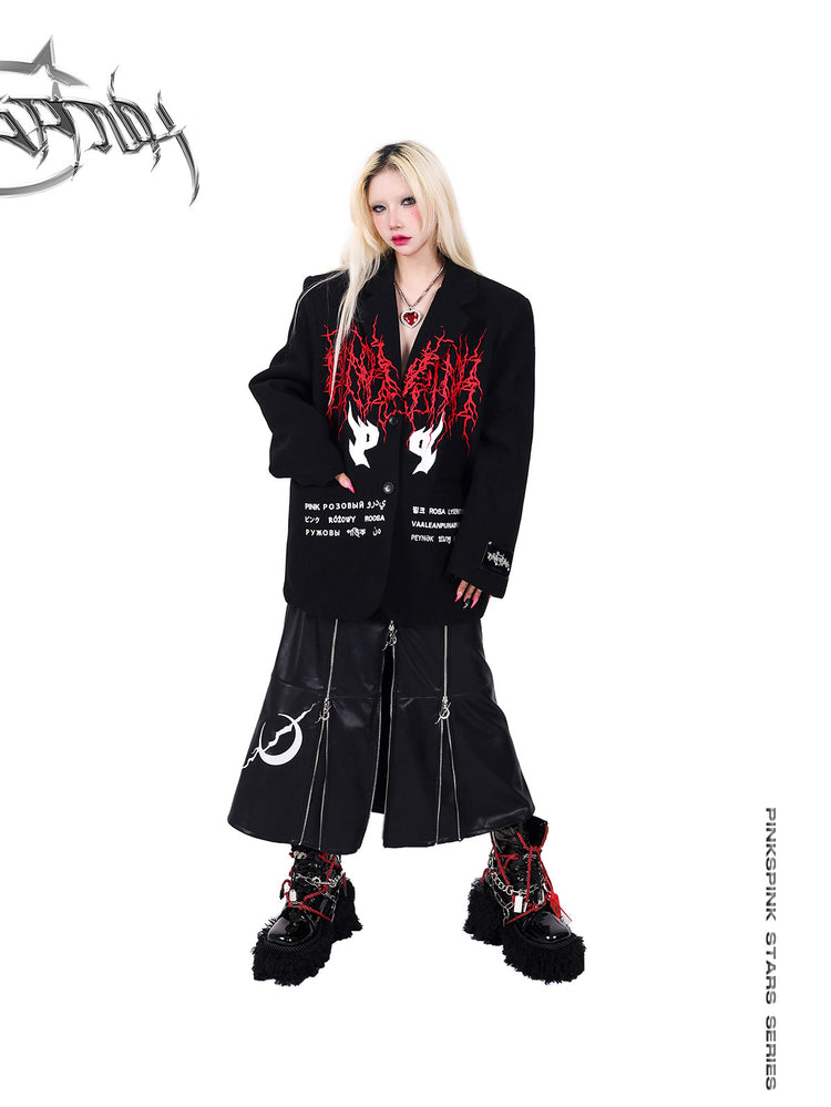 PINKSPINK ELECTRIC MOON zip-panel faux-leather maxi skirt — angled front full-length modeled view