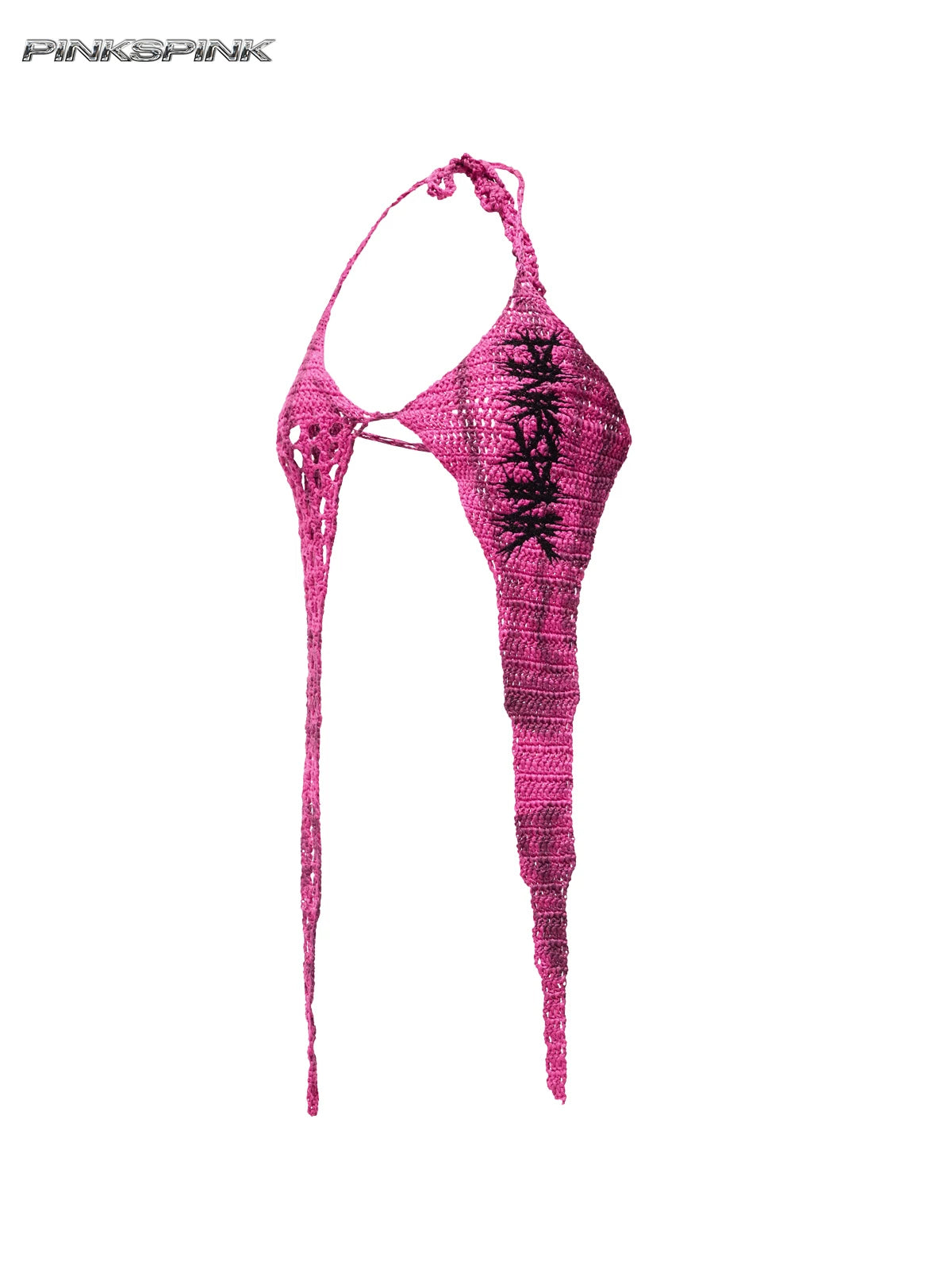 PINKSPINK THORNSTAR open-knit halter top in hot pink — garment-only front view showing the four-point silhouette and halter tie