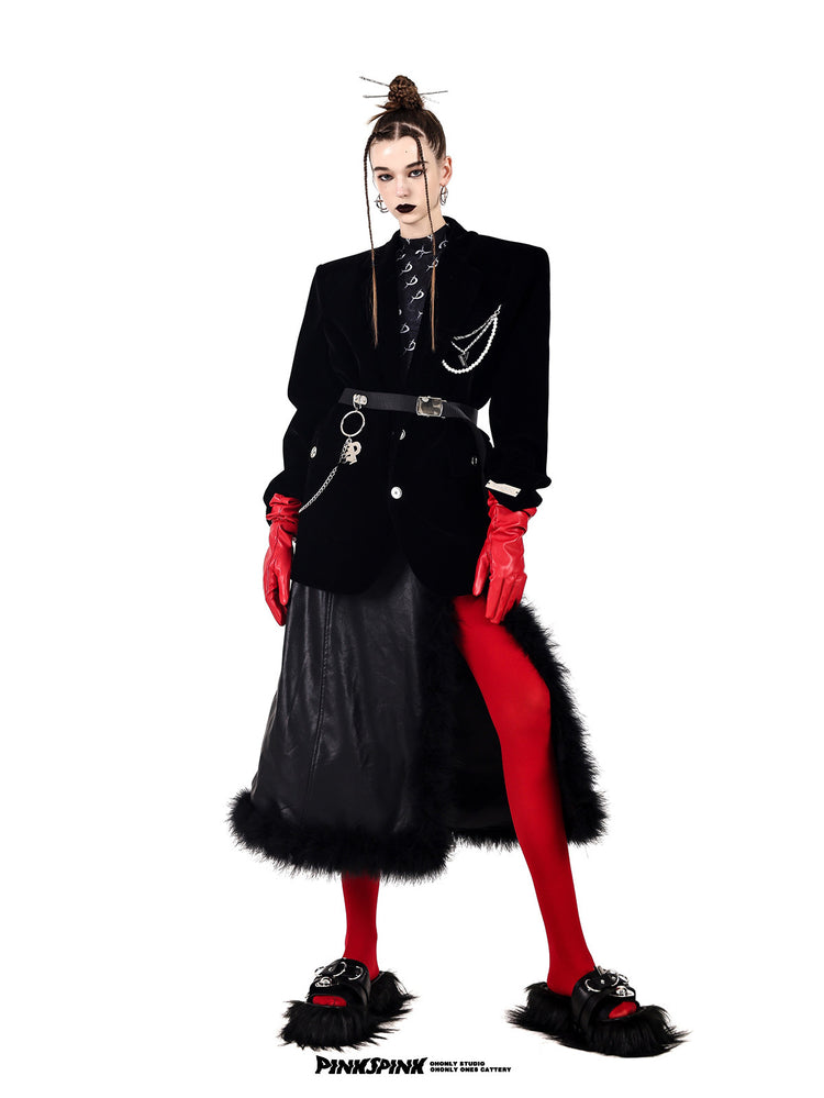 PINKSPINK DEAN pearl-chain velvet blazer — black full-length angled view showing the padded shoulders and longline cut
