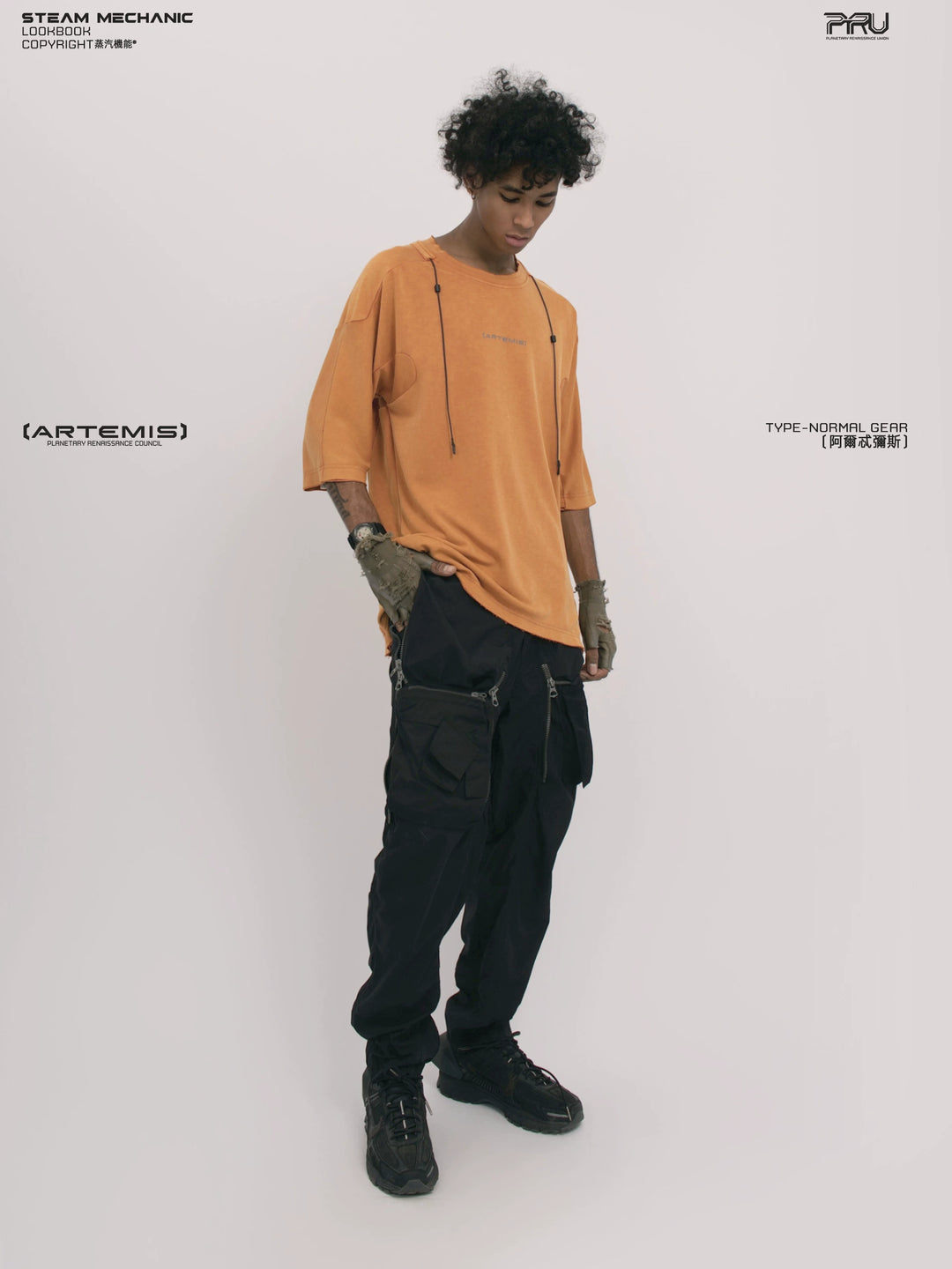 LIGHTSHADOW eclipse orange deconstructed technical tee — side modeled view