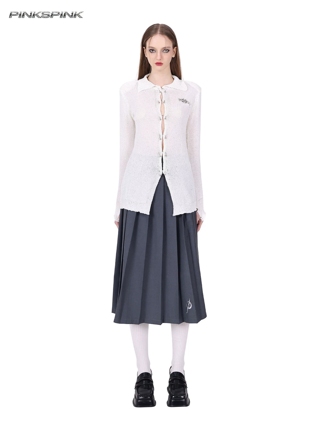 PINKSPINK ELECTRIC MOON ring-fastened sequin knit shirt in white — full-length front view styled over a pleated skirt