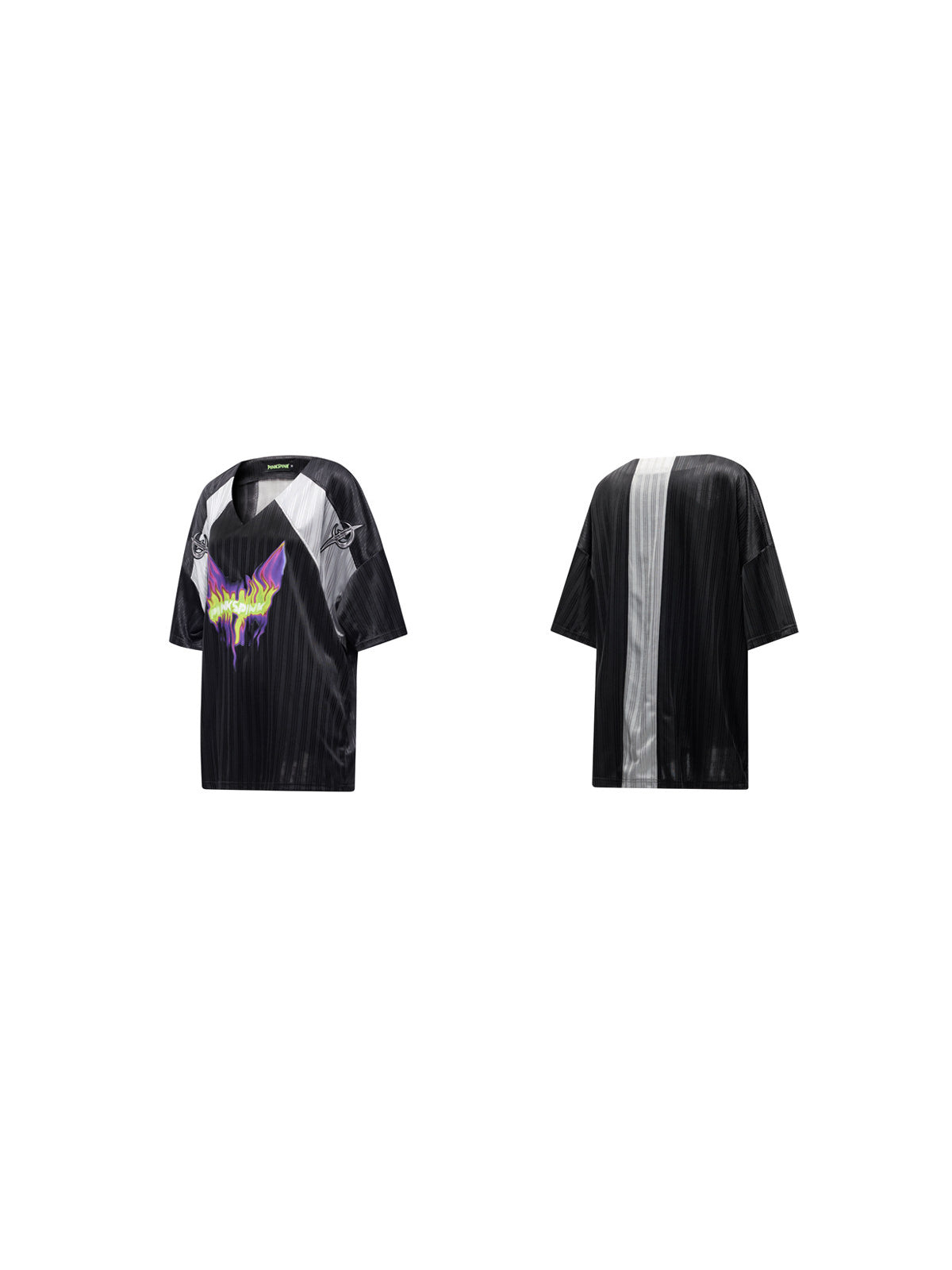 PINKSPINK FLAMECAT oversized sports jersey in black and gray — garment-only front and back comparison