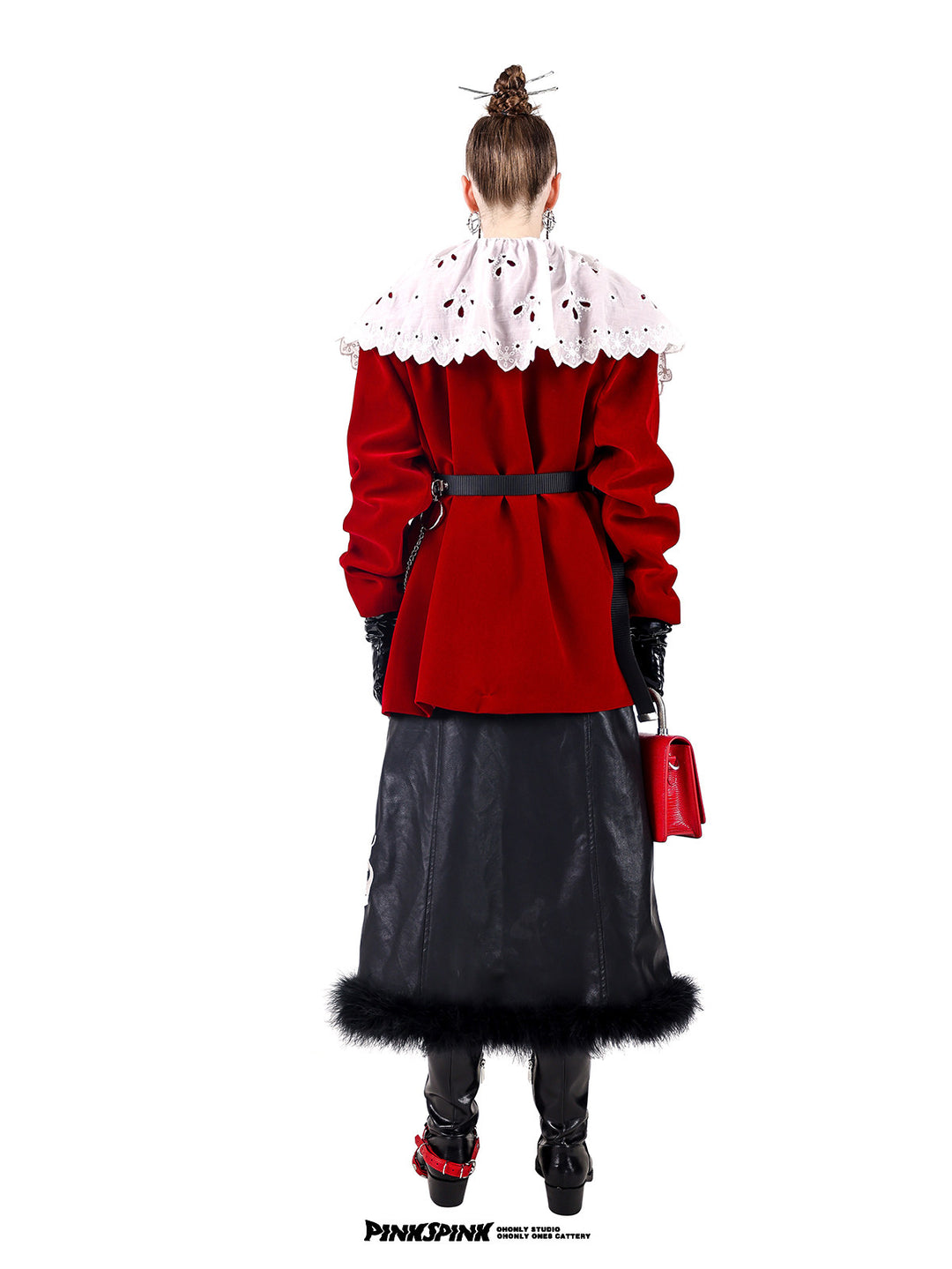 PINKSPINK DEAN pearl-chain velvet blazer — burgundy back view with belted styling