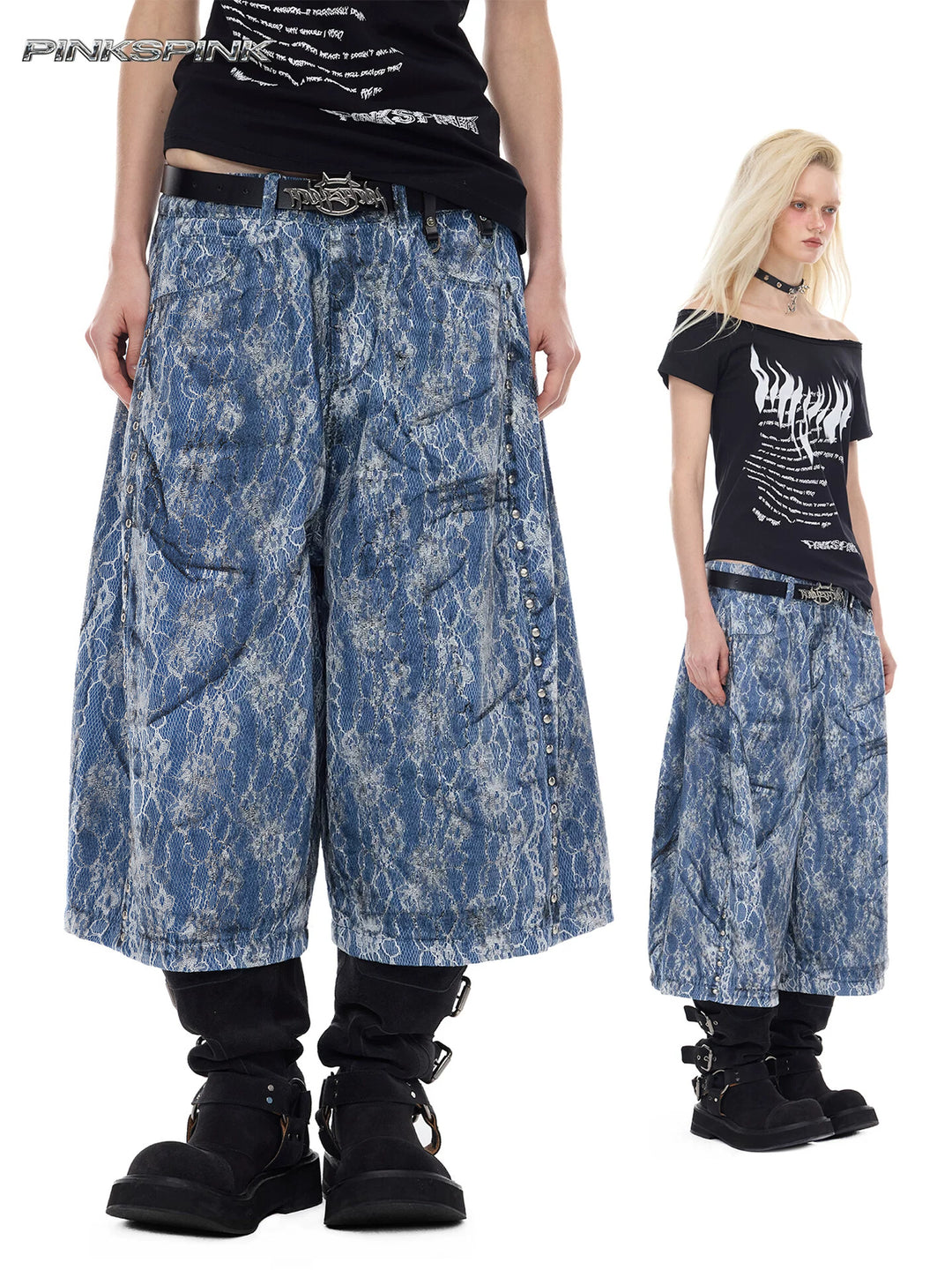 PINKSPINK ELECTRIC MOON lace-coated wide-leg denim shorts in blue — collage of close front and full-length modeled views