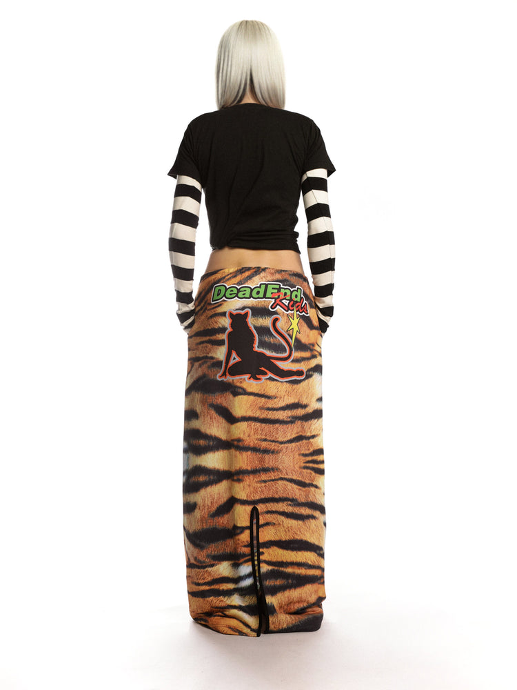 DEADENDKIDS TIGER RIOT graphic maxi skirt — close modeled view