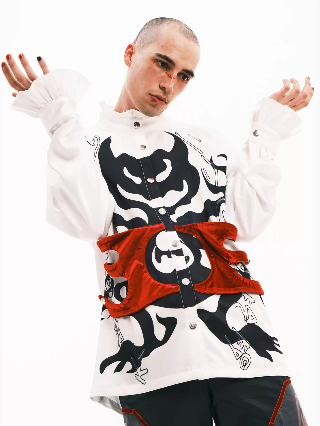 EMBRYO COURT TOTEM velvet-frill mock-neck shirt — side or detail presentation